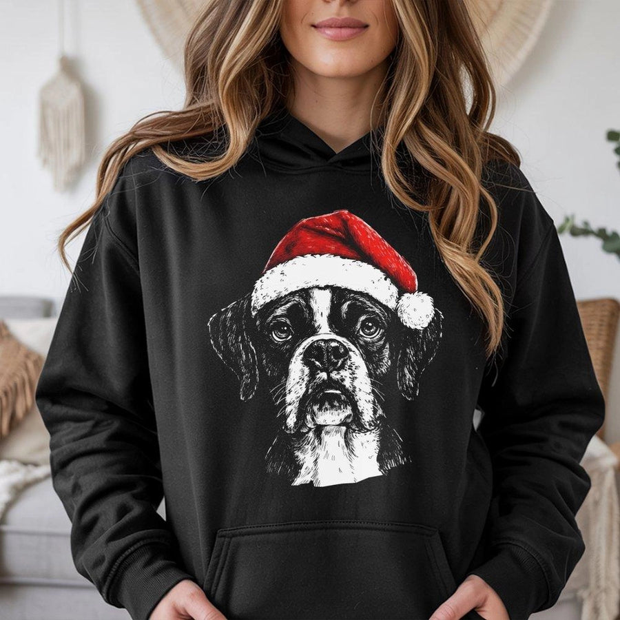 Boxer Dog Christmas Hoodie | Festive Santa Hat Graphic Print | Premium Cotton Blend | Funny Holiday Sweatshirt Gift for Boxer Mom and Dad