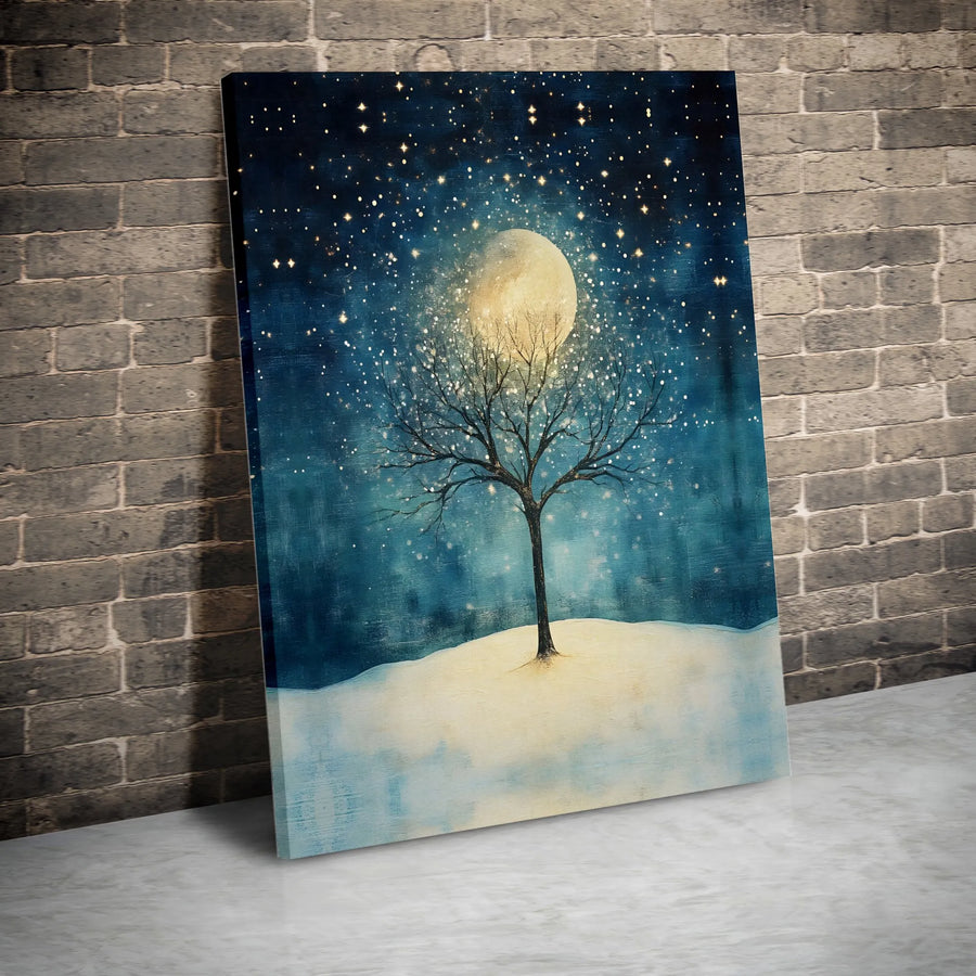 Winter Moon Canvas Wall Art | Magical Starry Night Tree Print | Premium Gallery-Wrapped Decor | Whimsical Holiday Home Gift for Nature Lovers