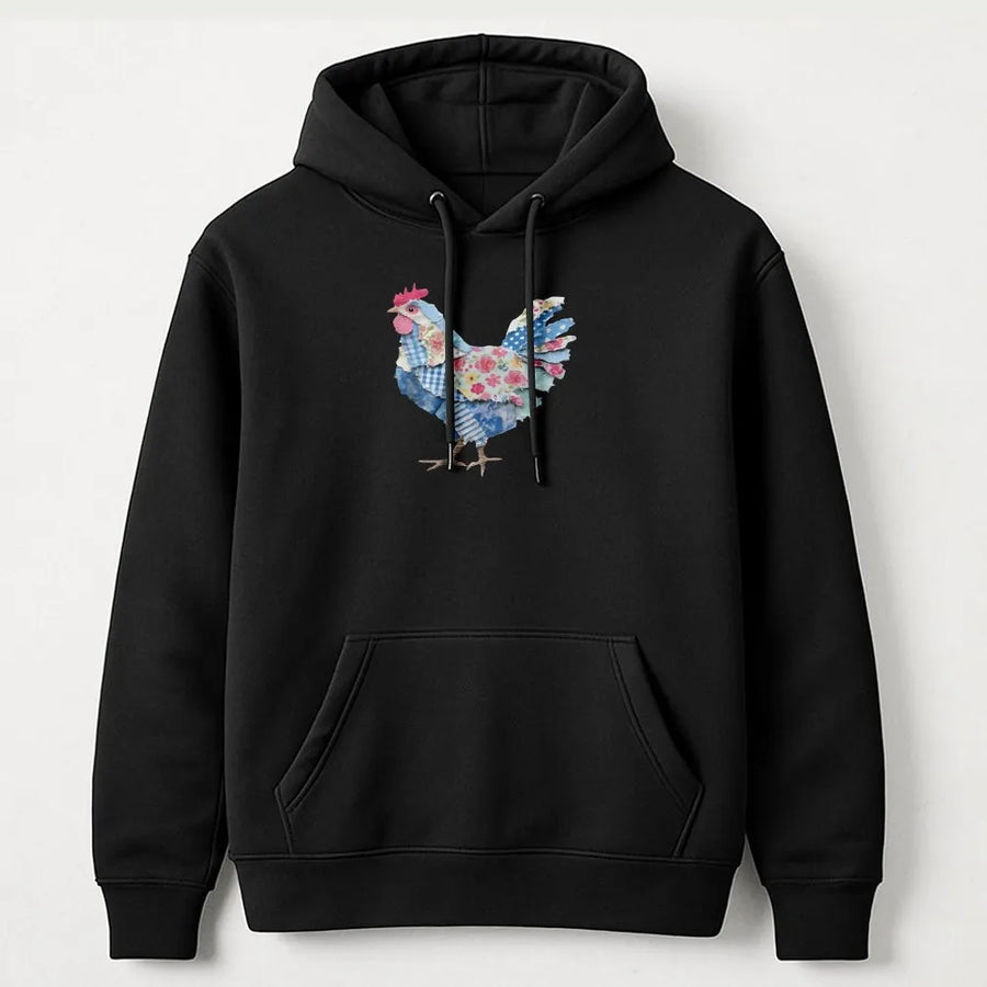 Farmhouse Chicken Hoodie | Rustic Faux Patchwork Hen Graphic | Soft Cotton Blend Pullover | Country Style Easter Gift for Women