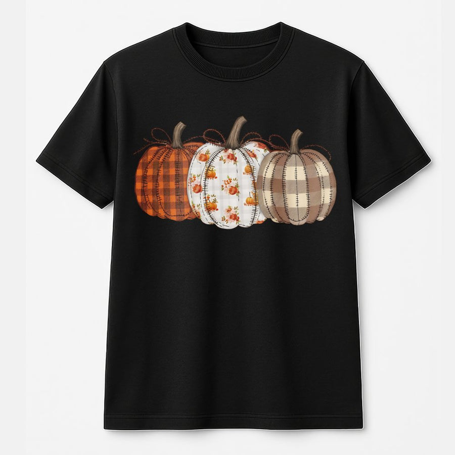 Fall Pumpkin T-Shirt | Patchwork Plaid and Floral Graphic Design | 100% Cotton Premium Comfort Tee | Thanksgiving Harvest Gift for Her