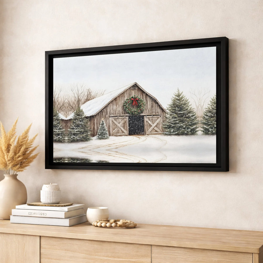 Winter Barn Canvas Wall Art | Snowy Landscape With Christmas Wreath | Premium Fade-Resistant Gallery Wrap | Festive Holiday Farmhouse Home Decor