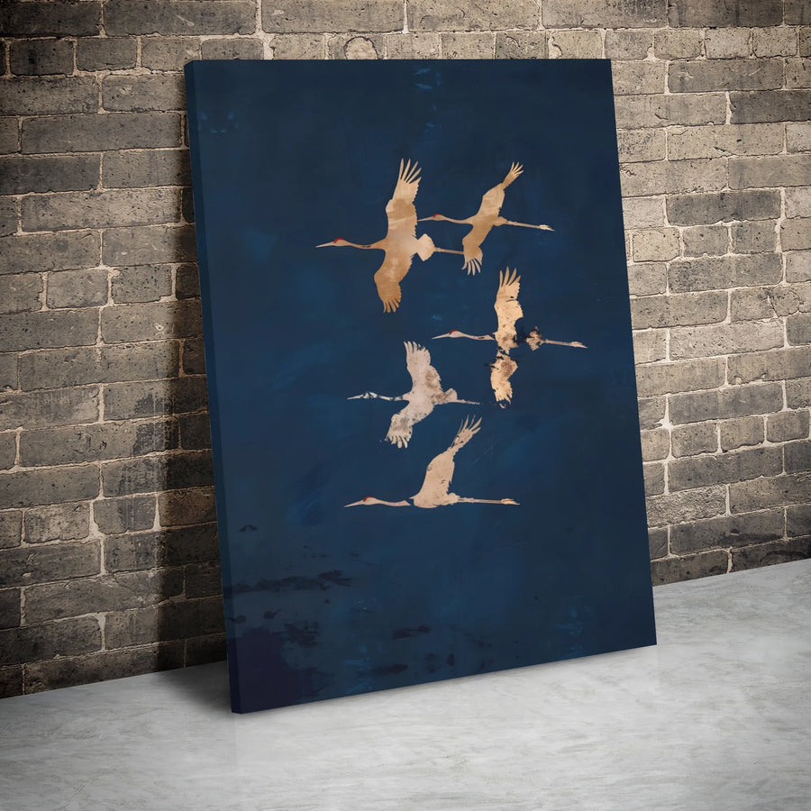Japanese Crane Wall Art | Minimalist Golden Birds On Navy Blue Canvas | Premium Gallery Wrap Print | Zen Home Office Decor