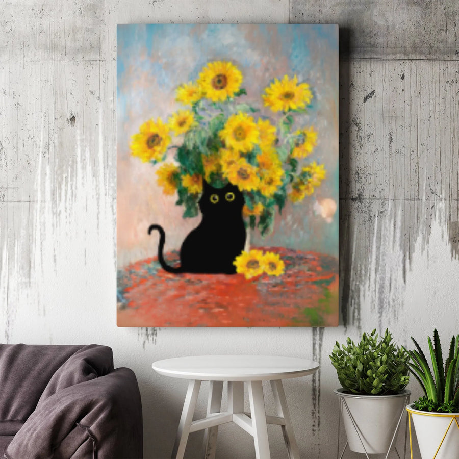 Black Cat Sunflower Canvas Art | Impressionist Floral Pet Portrait | Premium Gallery Wrap Decor | Whimsical Animal Lover Gift