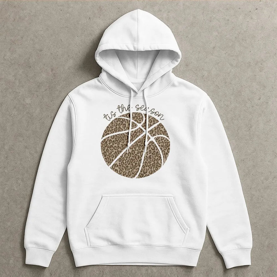 Leopard Basketball Hoodie | Tis The Season Graphic Print | Premium Cotton-Blend Pullover | Sporty Gift For Basketball Moms And Fans