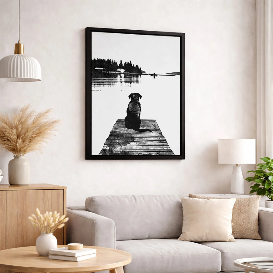 Black Labrador Dog on Dock Canvas Art | Lake House Landscape Print | Premium 1.25-Inch Gallery Wrap | Minimalist Nature Wall Decor Gift