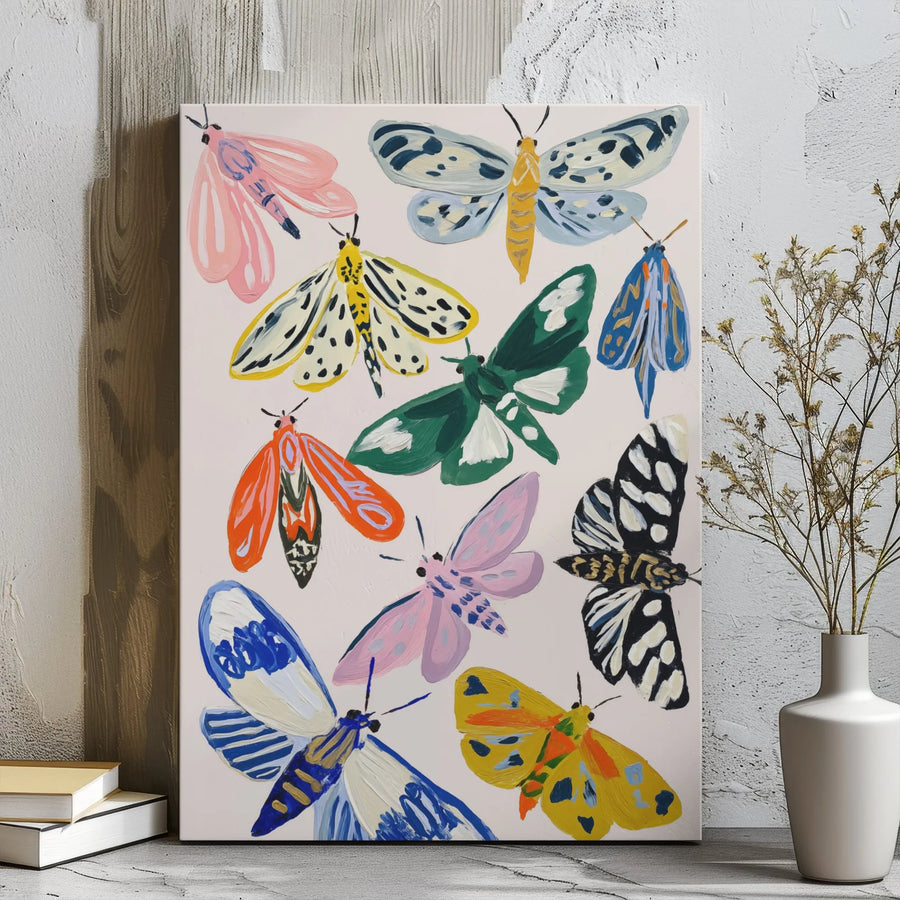 Colorful Moth Wall Art | Botanical Insect Illustration Canvas | Gallery Wrap Premium Print | Whimsical Nature Home Decor Gift