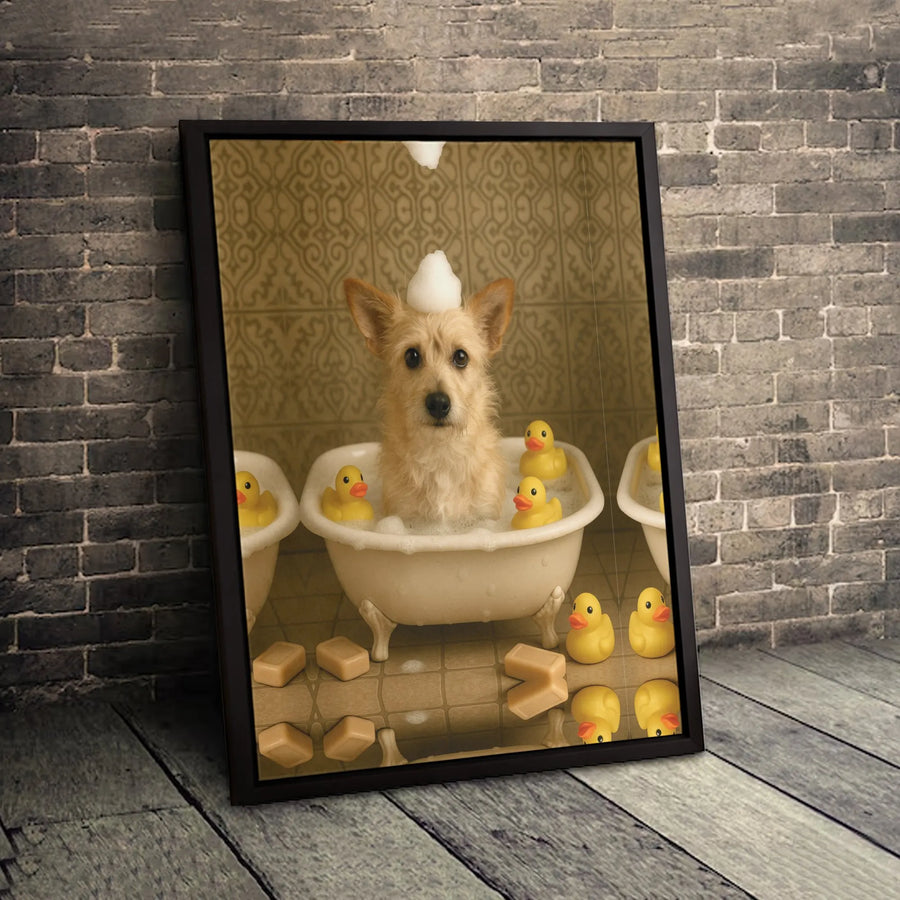 Cute Terrier Bathtub Canvas Art | Dog With Rubber Ducks Bubbles | Premium Gallery Wrap Print | Whimsical Bathroom Home Decor Wall Art