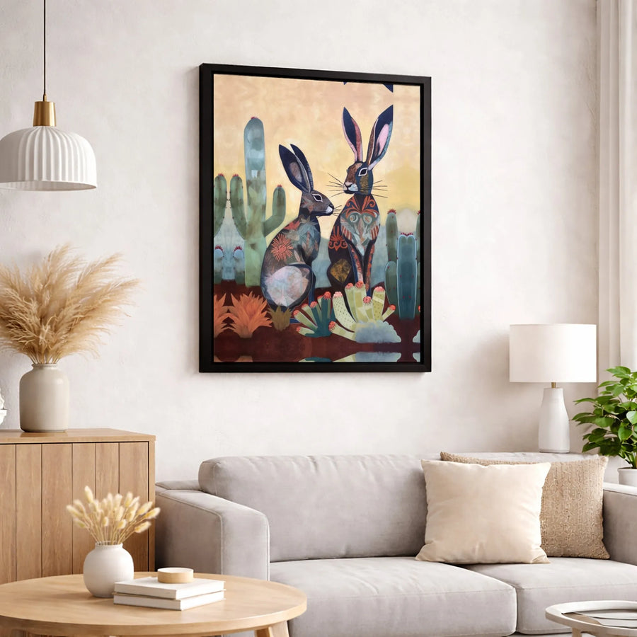 Desert Rabbit Canvas Wall Art | Folk Art Patterned Hares in Cactus Garden | Premium Gallery-Wrapped Print | Southwest Home Decor Gift