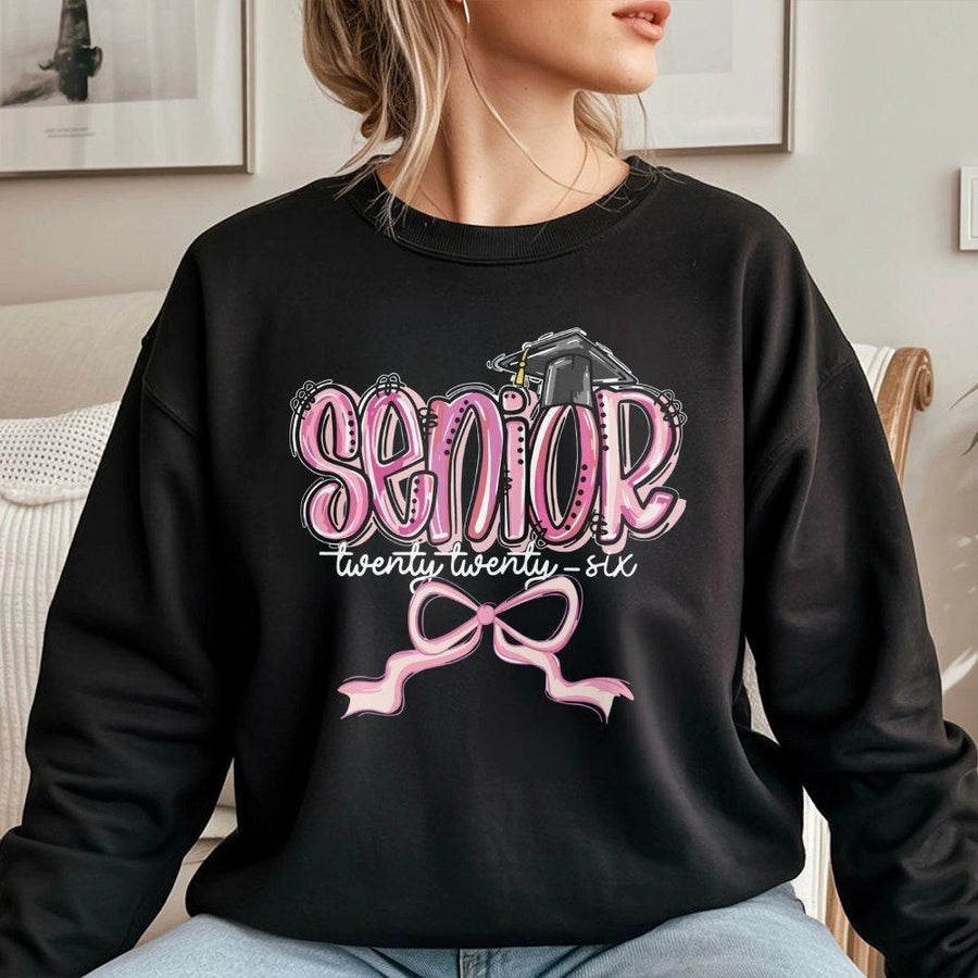 Senior 2026 Sweatshirt | Aesthetic Pink Bow Graduation Cap Graphic | Premium Cotton Blend Crewneck | Trendy Class of 2026 Senior Year Gift