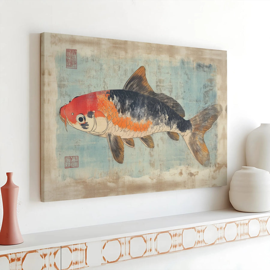 Koi Fish Wall Art Canvas | Japanese Ukiyo-e Inspired Print | Gallery Wrapped Premium Material | Zen Home Decor Gift for Living Room