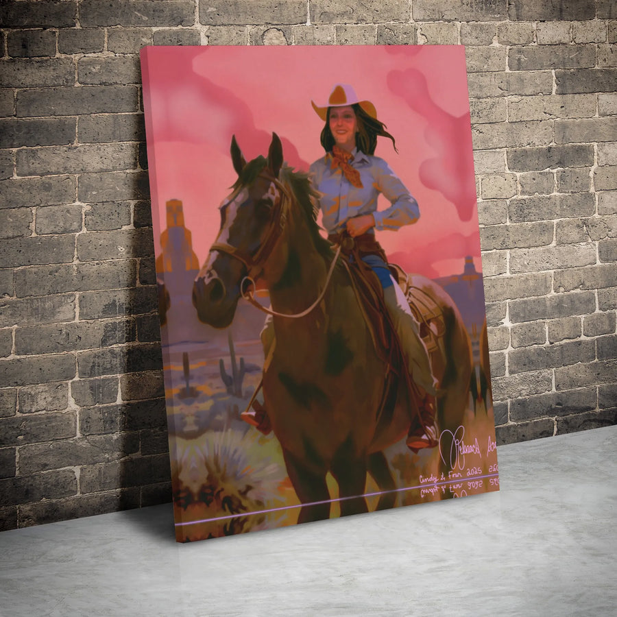 Cowgirl Horse Wall Art | Western Desert Sunset Painting | Premium Gallery Wrapped Canvas | Rustic Home Decor Gift for Cowgirl Lovers