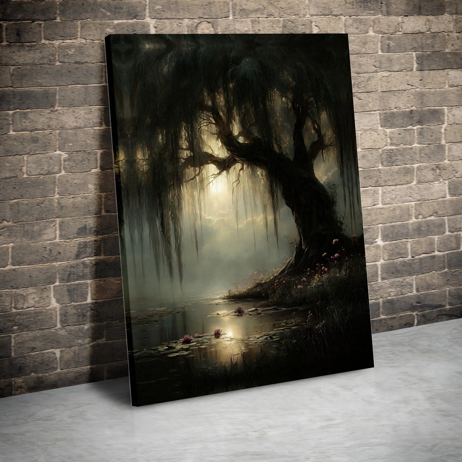 Weeping Willow Canvas Art | Misty Swamp Landscape with Water Lilies | Premium Fade-Resistant Print | Gothic Home Decor Gift