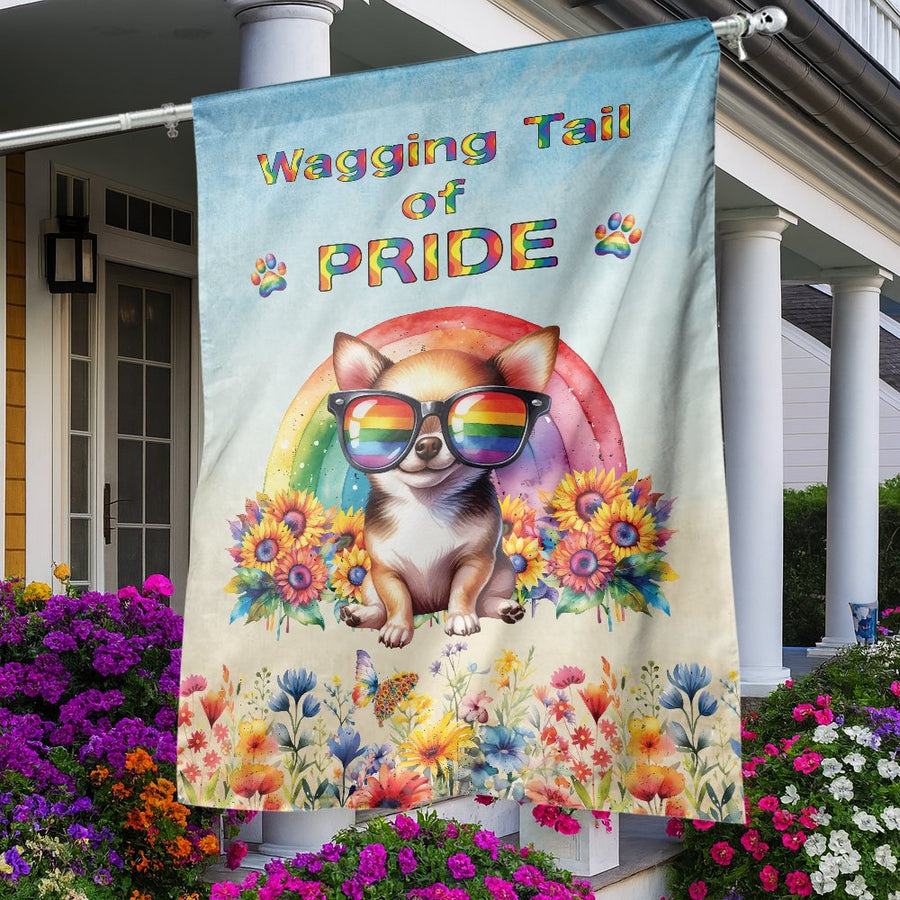 Chihuahua Pride Garden Flag | Wagging Tail Rainbow Dog Design | UV-Resistant Premium Polyester | LGBTQ+ Decor Gift for Dog Lovers