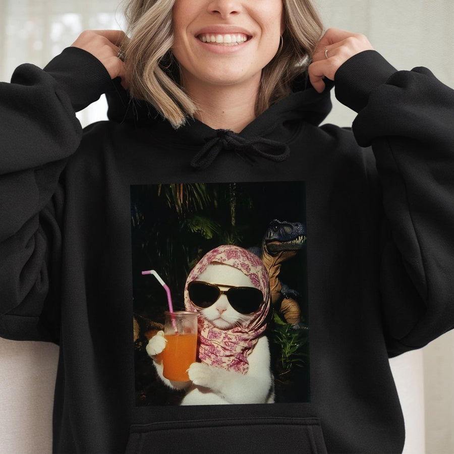 Chill Girl Cat Hoodie | Funny Dino Meme Graphic Sweatshirt | Premium Cotton-Blend Pullover | Trendy Gift for Cat Lovers and Gen Z Humor Fans