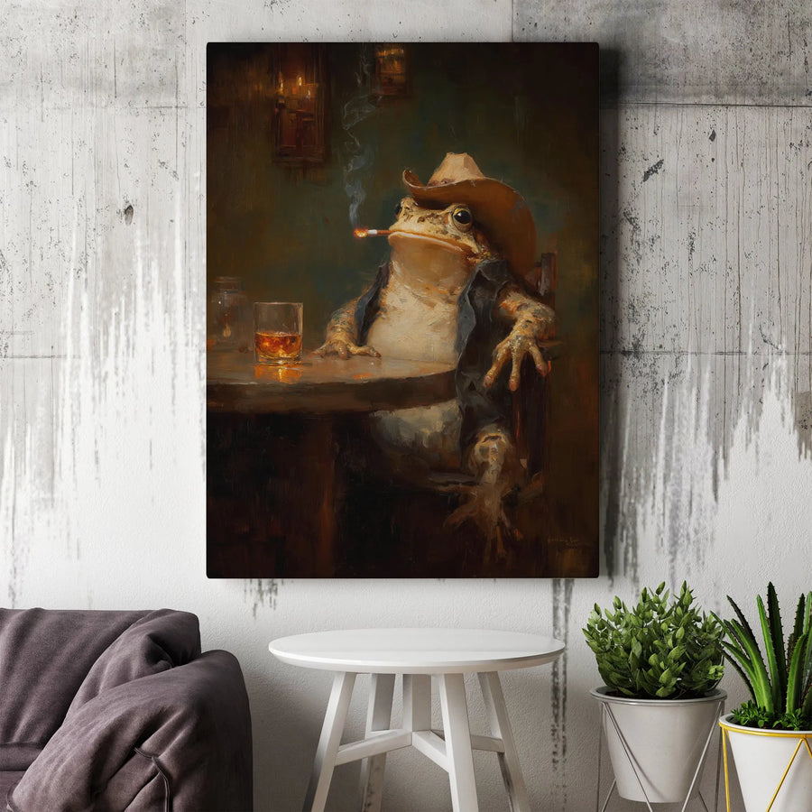 Cowboy Frog Wall Art | Whiskey Drinking Toad Saloon Print | Premium Gallery Wrap Canvas | Unique Western Bar Decor for Men