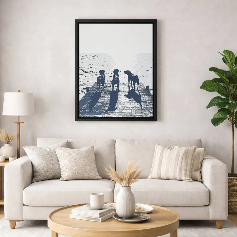 Three Dogs On Dock Wall Art | Silhouette Lake View Canvas Print | Premium Gallery-Wrapped Decor | Dog Lover Gift for Home Office