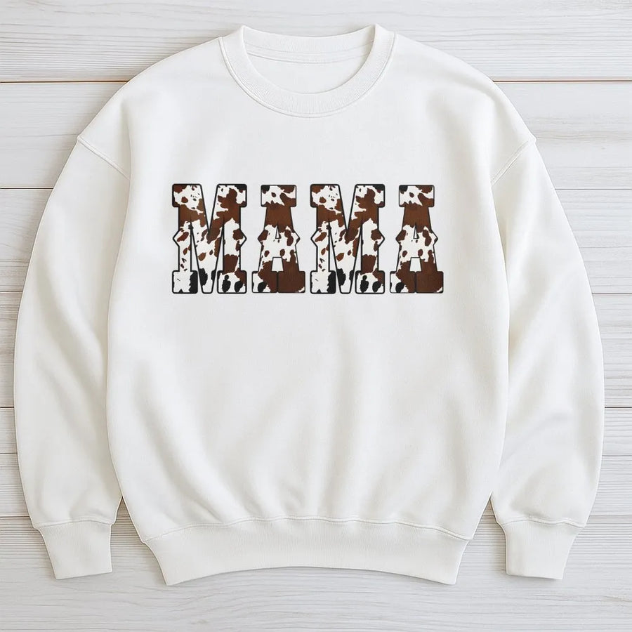 Mama Sweatshirt | Western Cow Print Varsity Letters | Soft Premium Cotton Blend | Trendy Country Mother's Day 2026 Gift for Her
