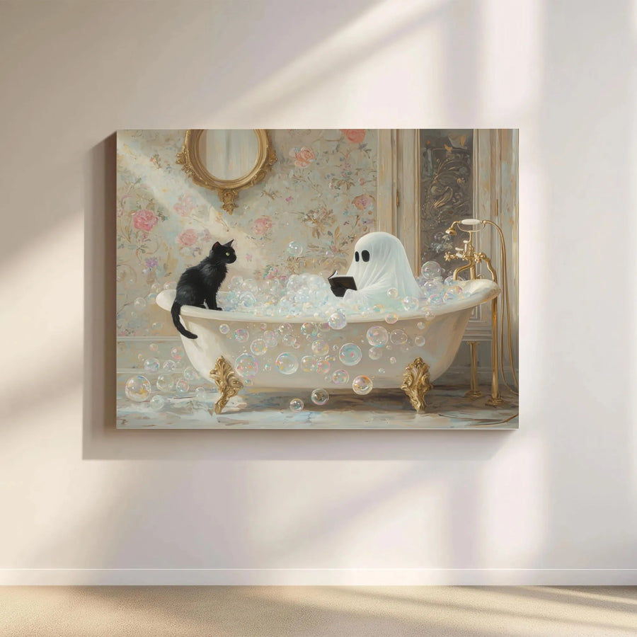 Ghost Reading in Bubble Bath Canvas Print | Whimsical Black Cat Wall Art | Premium Gallery Wrapped Decor | Spooky Cute Halloween Home Gift