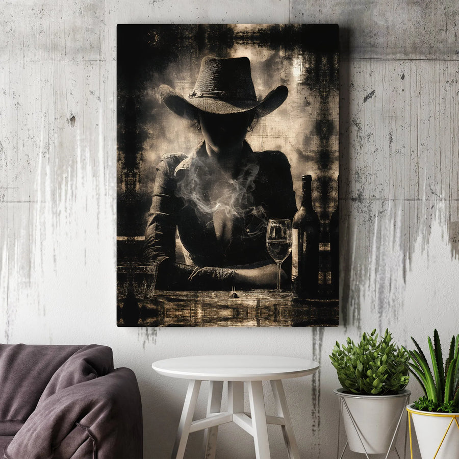 Western Cowgirl Canvas Print | Moody Saloon Wall Art | Premium Fade-Resistant Ink | Rustic Man Cave & Bar Decor Gift