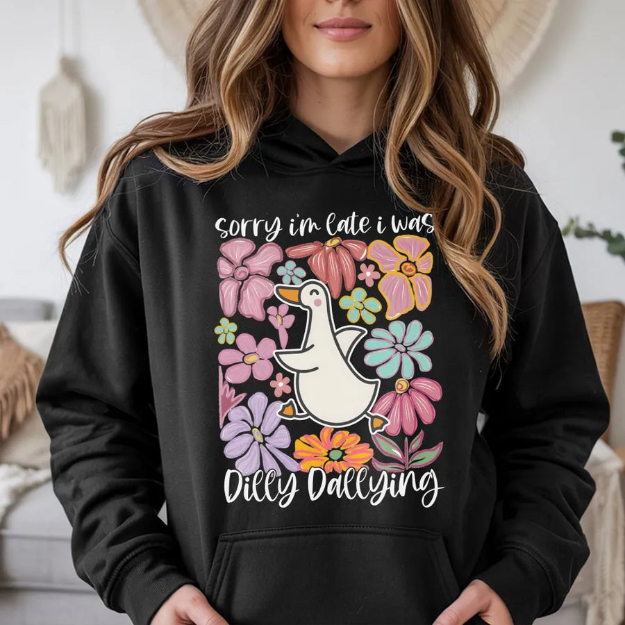 Dilly Dallying Goose Hoodie | Sarcastic Floral Bird Graphic | Soft Cotton-Polyester Blend | Funny Mama Gift for Animal Lovers