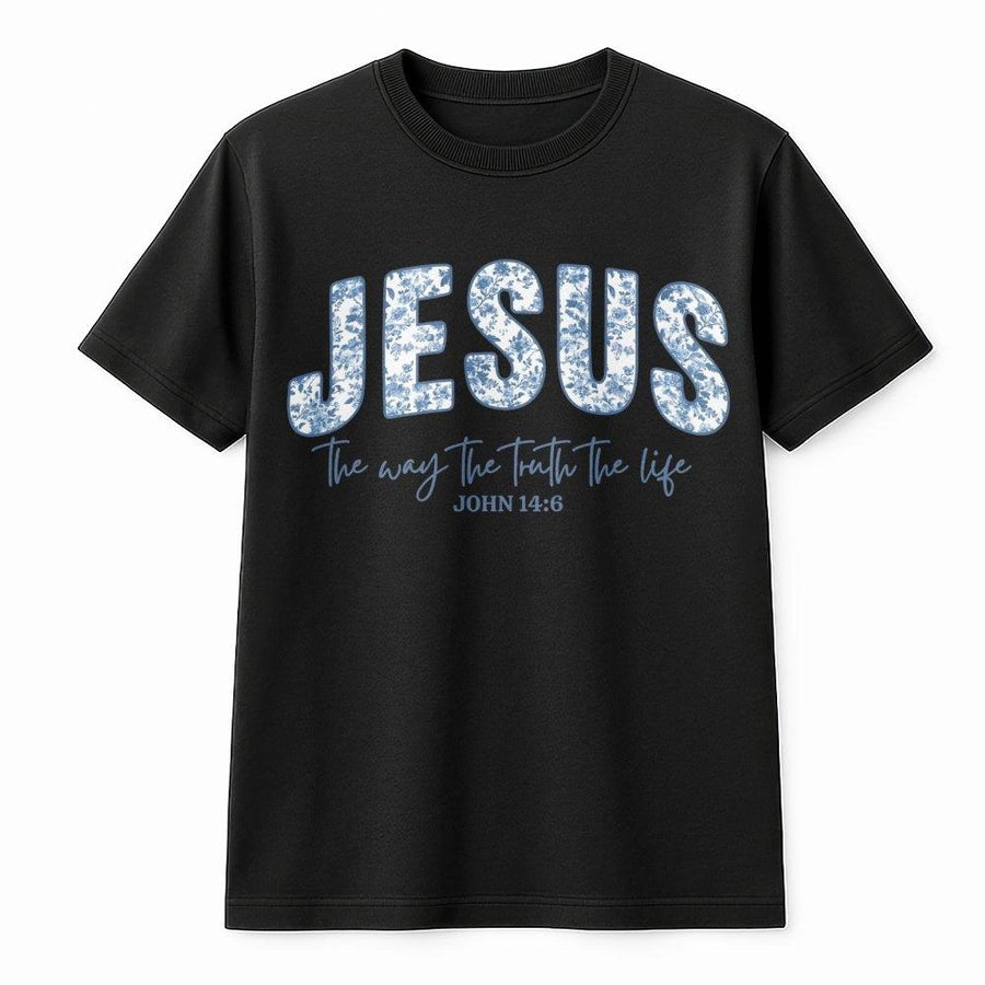 Jesus Bible Verse T-Shirt | Blue Floral Scripture Typography | Premium Cotton Tee | Christian Faith Gift for Men and Women