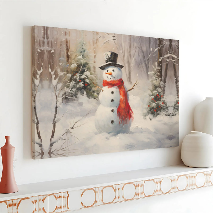 Snowman Wall Art | Winter Forest Painting in Red Scarf | Premium Gallery Wrap Canvas | Holiday Home Decor Gift for Christmas