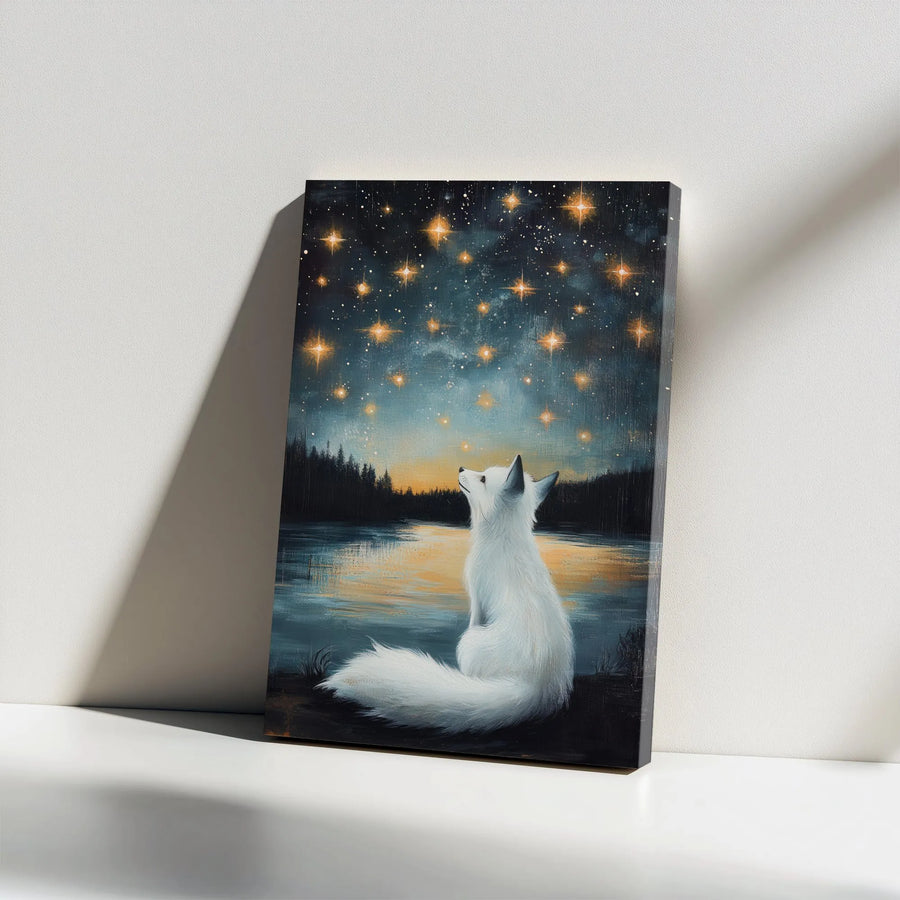 Arctic Fox Starry Night Canvas | Celestial Wildlife Art Print | Premium Frameless Gallery Wrap | Nursery Decor Collector's Gift