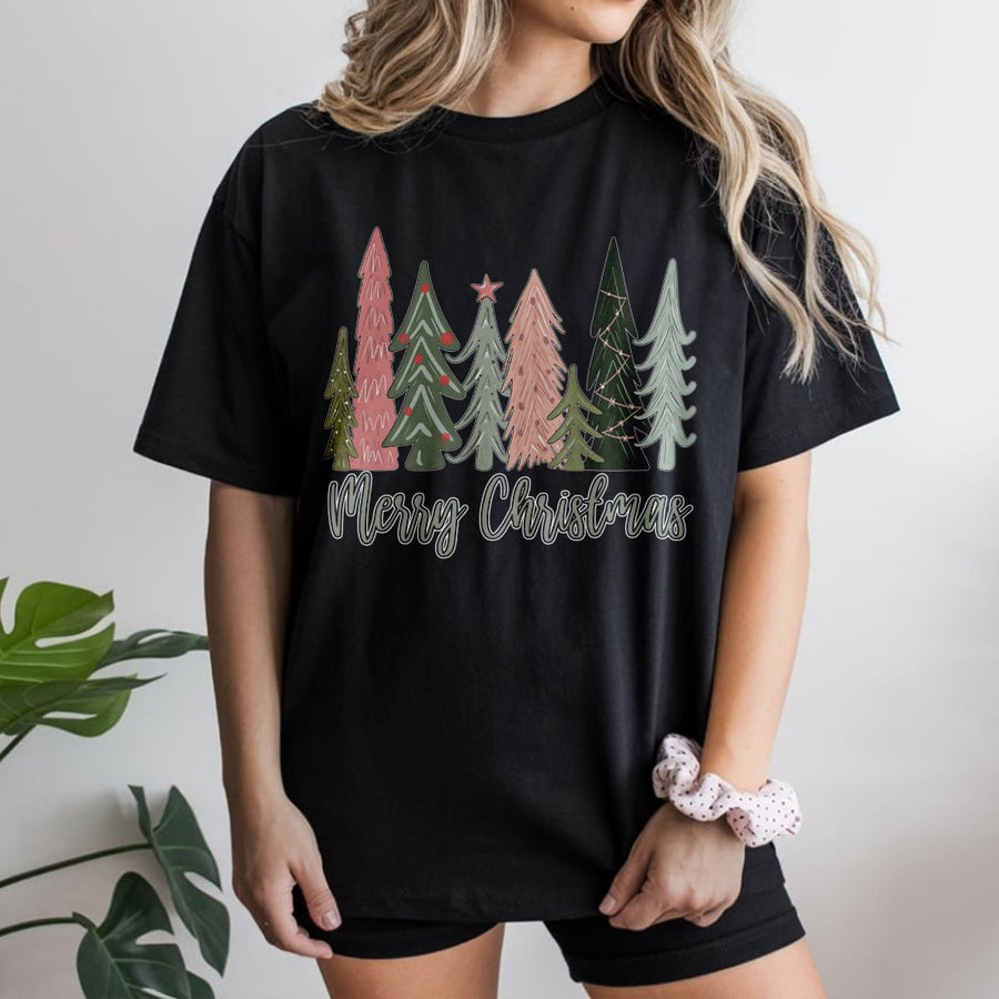 Merry Christmas Tree T-Shirt | Boho Pine Forest Graphic | Soft 100% Cotton Premium Tee | Festive Holiday Gift for Women & Men