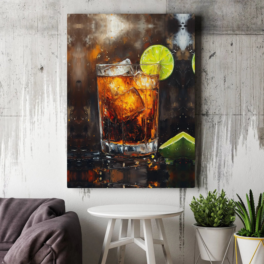 Cocktail Canvas Wall Art | Abstract Rum and Coke Painting with Lime | Premium Gallery Wrapped Canvas | Bar Decor Gift for Men