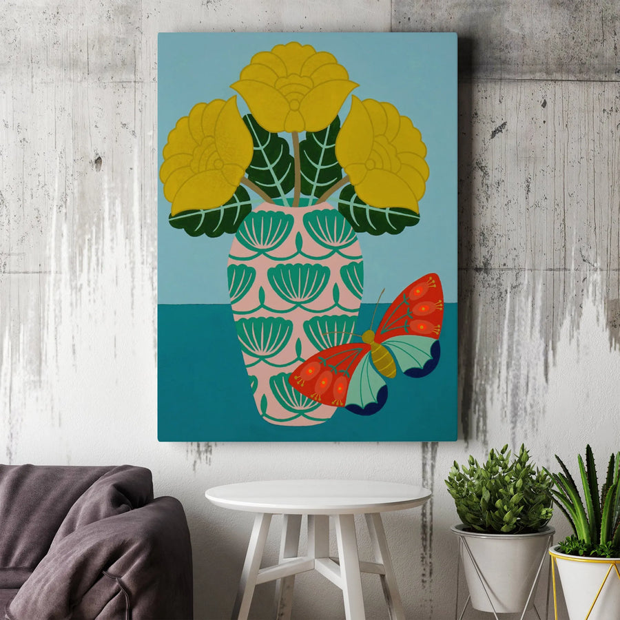 Modern Floral Still Life Canvas | Colorful Butterfly and Yellow Flowers Print | Premium Gallery Wrapped Canvas | Boho Living Room Decor Gift