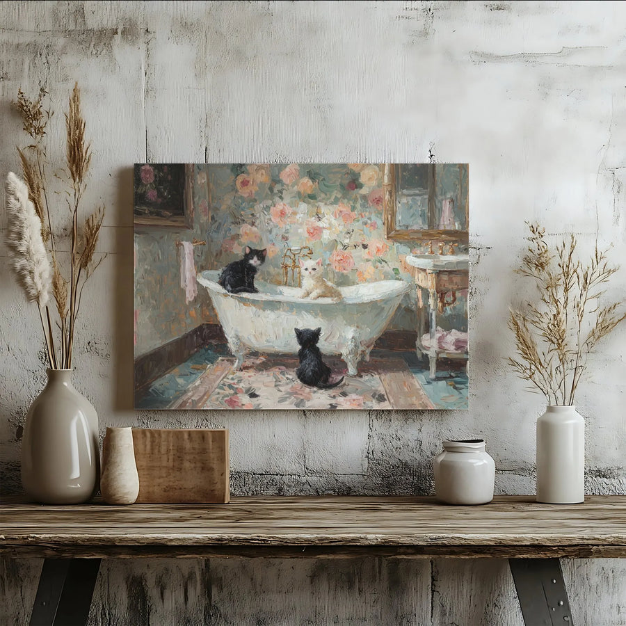 Kittens in Clawfoot Tub Canvas Wall Art | Impressionist Oil Painting Style | Premium 1.25-inch Thick Gallery Wrap | Cute Cat Lover Home Decor Gift