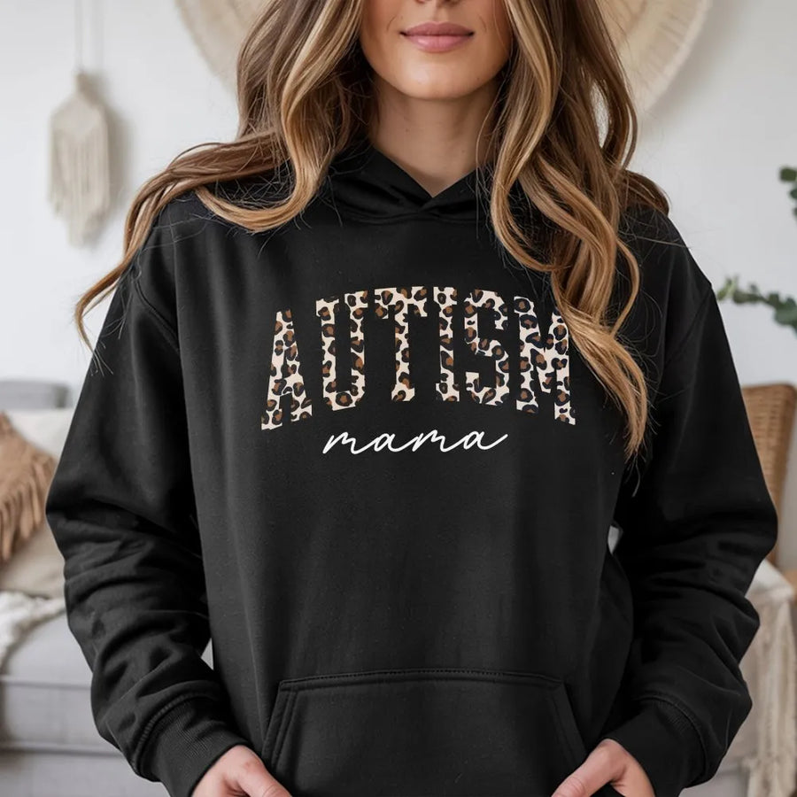 Autism Mama Hoodie | Leopard Print Neurodiversity Graphic | Cozy Cotton Blend Pullover | Awareness Gift for Moms