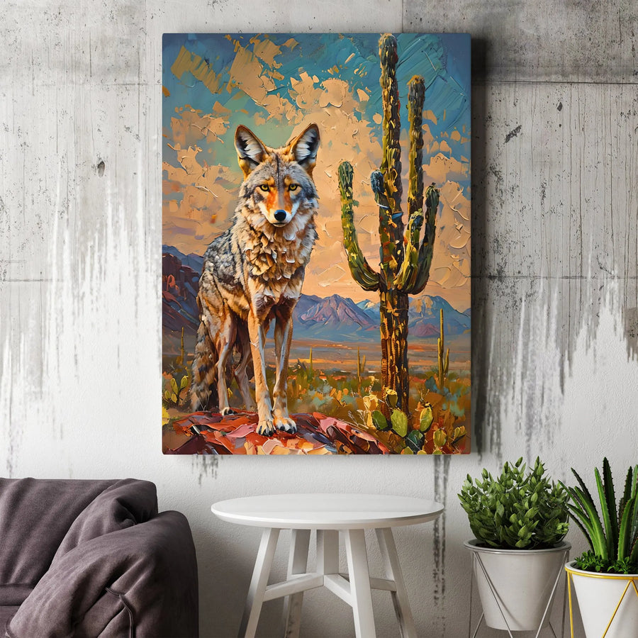 Coyote Canvas Wall Art | Textured Impasto Style Desert Painting | Premium 1.25" Thick Gallery Wrap | Southwestern Home Decor Gift