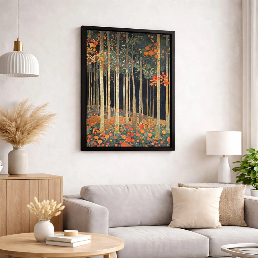 Abstract Forest Canvas Art | Mosaic Style Woodland Trees with Orange Flowers | Premium Gallery-Wrapped Print | Modern Home & Office Decor Gift