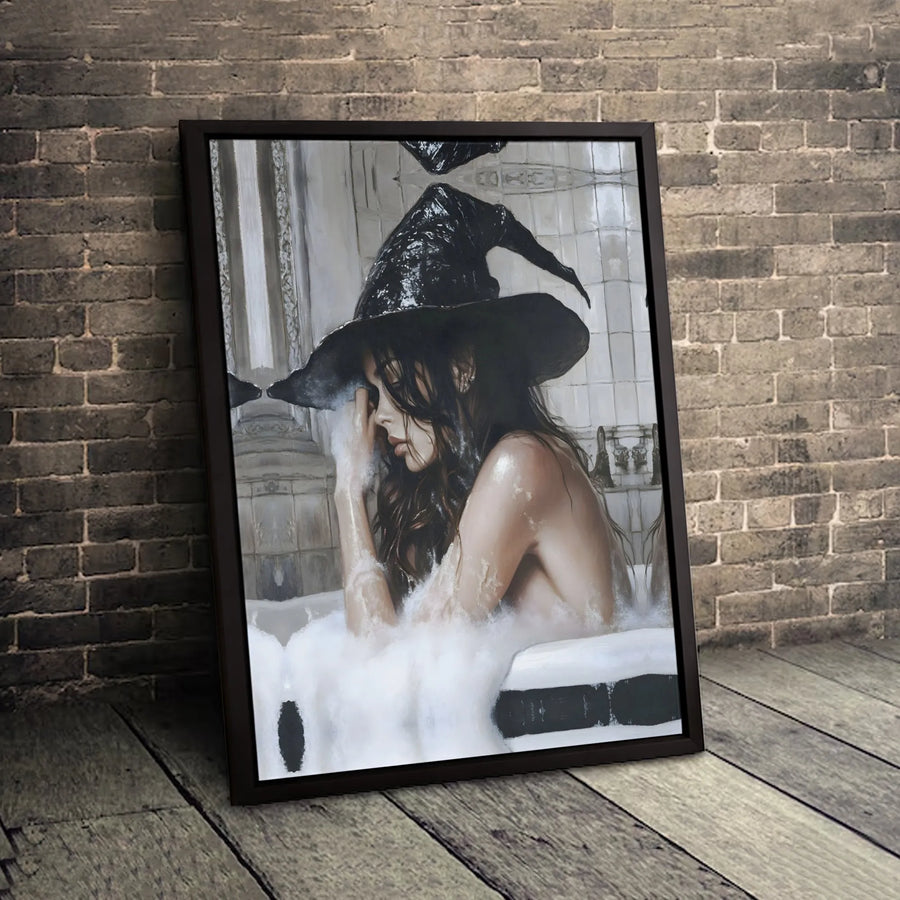 Gothic Witch Bathing Canvas Art | Whimsical Bathroom Wall Decor | Premium 1.25 Inch Gallery Wrap | Spooky Halloween Home Gift