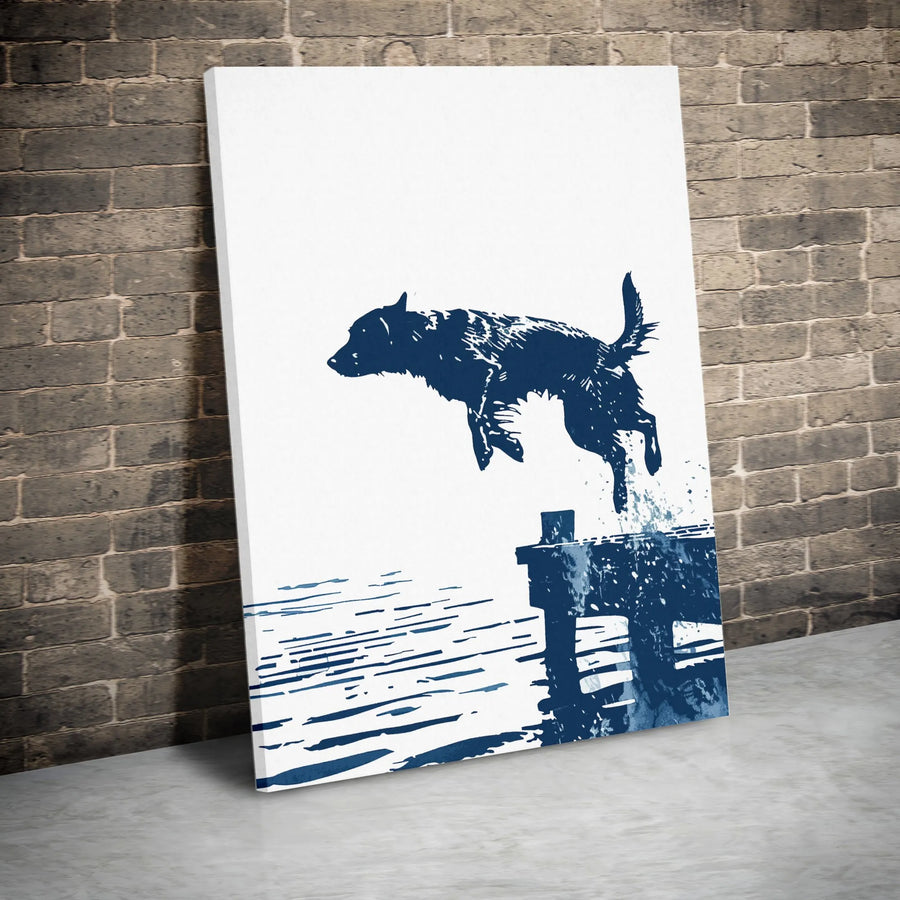 Dog Jumping Off Dock Vertical Canvas | Minimalist Silhouette Art | Premium Thick Gallery Wrap | Modern Home Decor Gift for Dog Lover