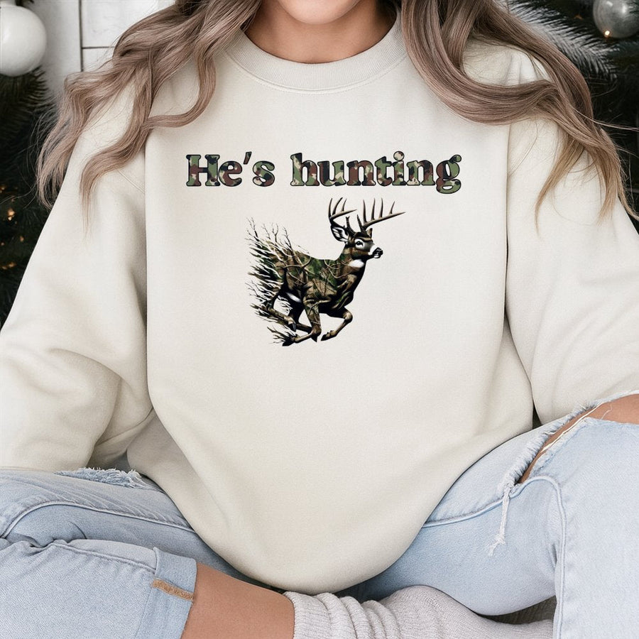 He's Hunting Deer Sweatshirt | Camo Wildlife Graphic Print | Premium Cotton Blend | Gift for Hunter and Outdoorsman