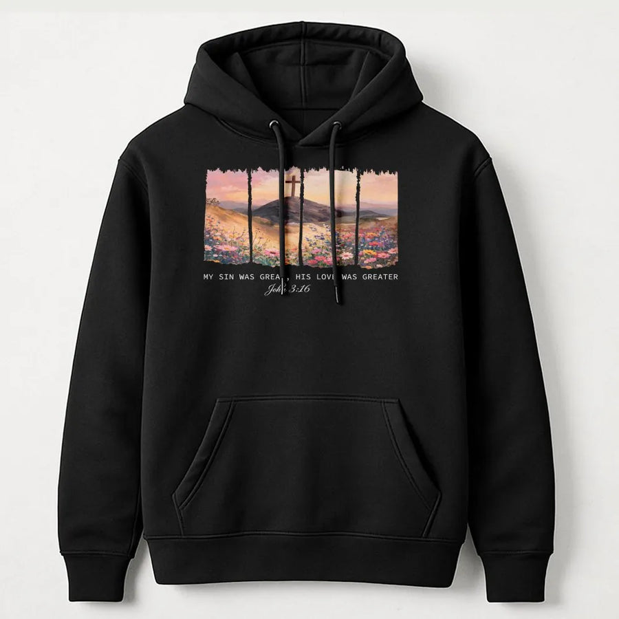 Christian Hoodie John 3 16 | Floral Cross Landscape with Bible Verse | Premium Cotton-Blend Sweatshirt | Faith Based Easter Gift for Men and Women