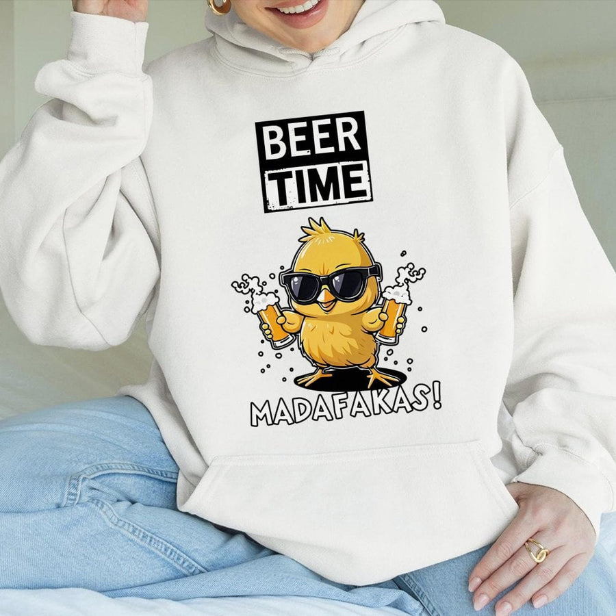 Beer Time Funny Chicken Hoodie | Cool Chick Holding Beers Graphic | Premium Cotton Blend Unisex Sweatshirt | Gift for Beer Lovers
