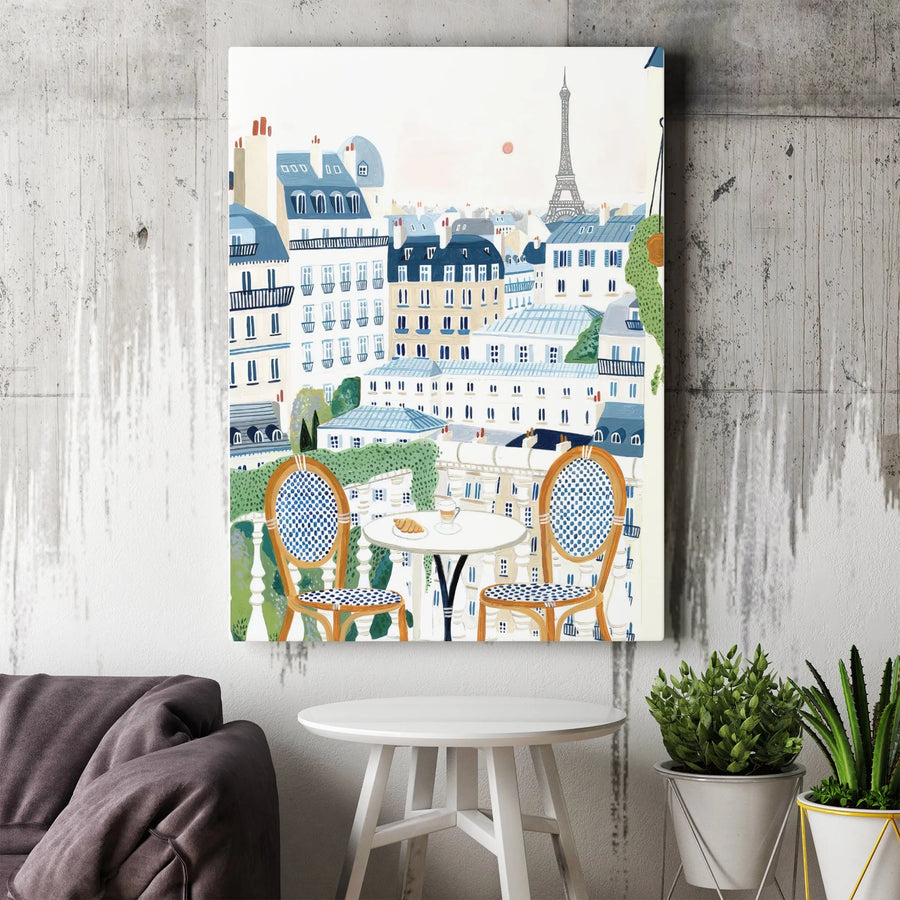 Parisian Cafe Canvas Art | Eiffel Tower Balcony View Print | Gallery Wrapped 1.25-inch Wood Frame | French Home Decor Gift