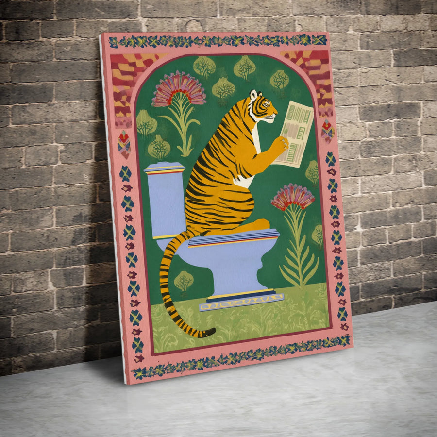 Tiger on Toilet Canvas Wall Art | Funny Tiger Reading Newspaper in Folk Art Style | Premium Thick Canvas Print | Quirky Bathroom Decor Gift
