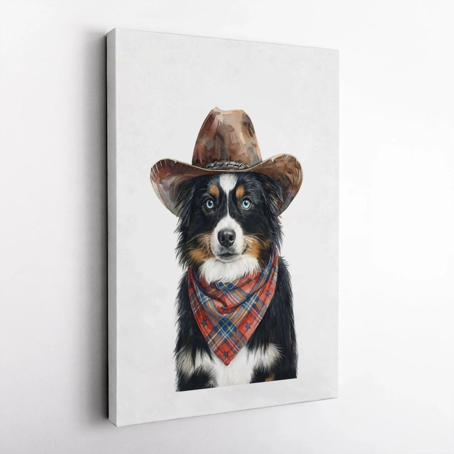 Australian Shepherd Wall Art | Cowboy Dog Watercolor Painting | Premium Gallery Wrapped Canvas | Western Farmhouse Decor Gift