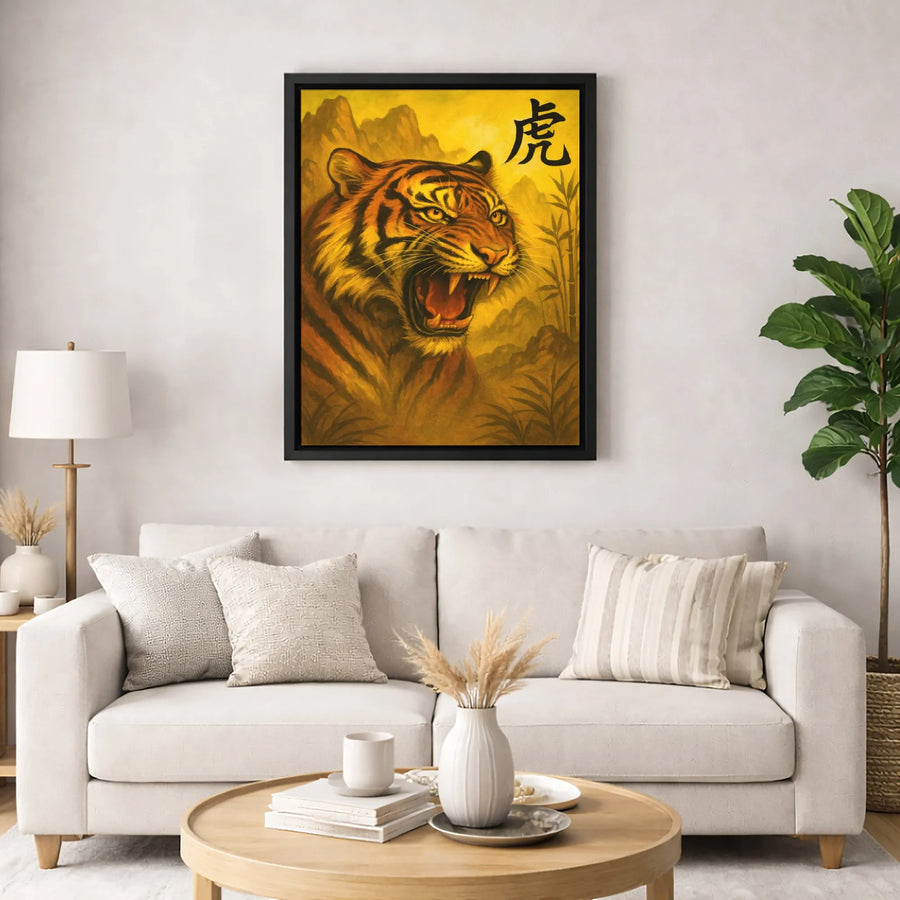 Roaring Tiger Wall Art | Asian Chinese Character Painting | Premium Gallery-Wrapped Canvas | Wildlife Home Decor Gift for Animal Lovers