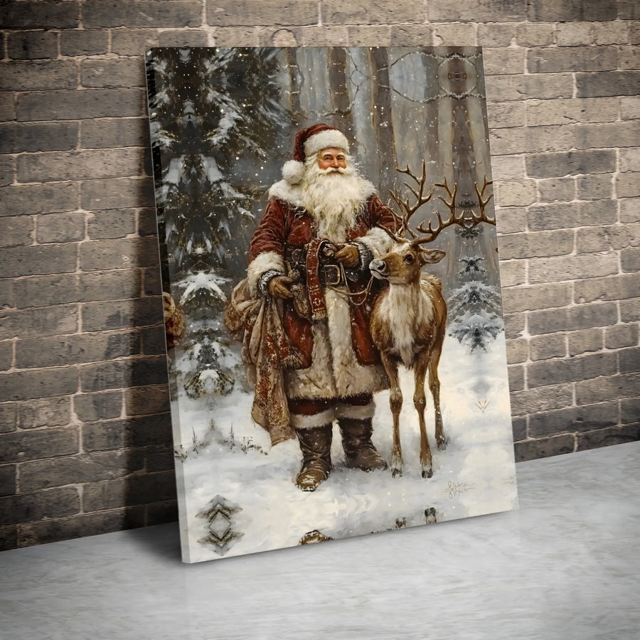 Vintage Santa Claus Wall Art | Traditional Christmas Forest Canvas Print | 1.25-Inch Gallery Wrap | Holiday Home Decor Gift