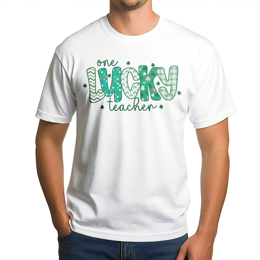 One Lucky Teacher T-Shirt | St Patricks Day Shamrock Design | 100% Cotton Premium Tee | Cute Irish School Gift for Elementary Teachers