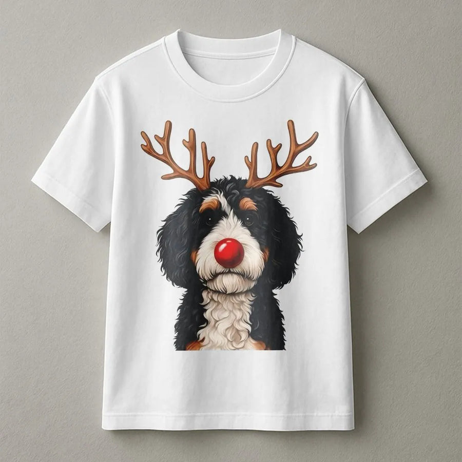 Bernadoodle Christmas T-Shirt | Reindeer Antlers Graphic Dog Design | Premium Cotton Apparel | Cute Holiday Gift for Dog Moms and Lovers