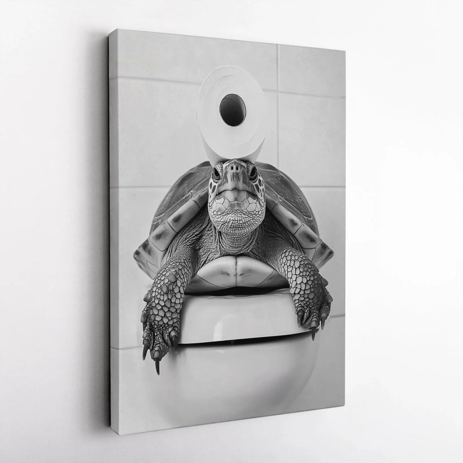 Funny Turtle on Toilet Canvas Wall Art | Black and White Bathroom Decor | Premium Gallery Wrap Print | Quirky Animal Restroom Wall Hanging