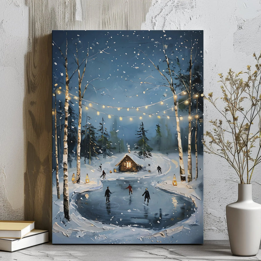 Winter Ice Skating Canvas Wall Art | Snowy Cabin With Fairy Lights Print | Premium Gallery Wrapped Decor | Cozy Christmas Holiday Home Gift