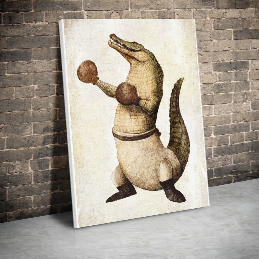 Boxing Alligator Vertical Canvas | Vintage Animal Boxer Illustration | Premium Thick Gallery Wrap | Collector's Gift for Fighter & Man Cave Decor