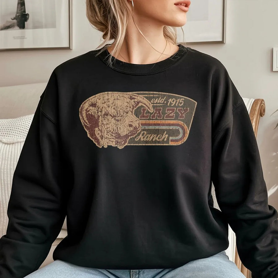 Lazy Ranch Sweatshirt | Vintage Western Bull Graphic | Premium Cotton Blend Crewneck | Retro Cowboy Country Gift For Him
